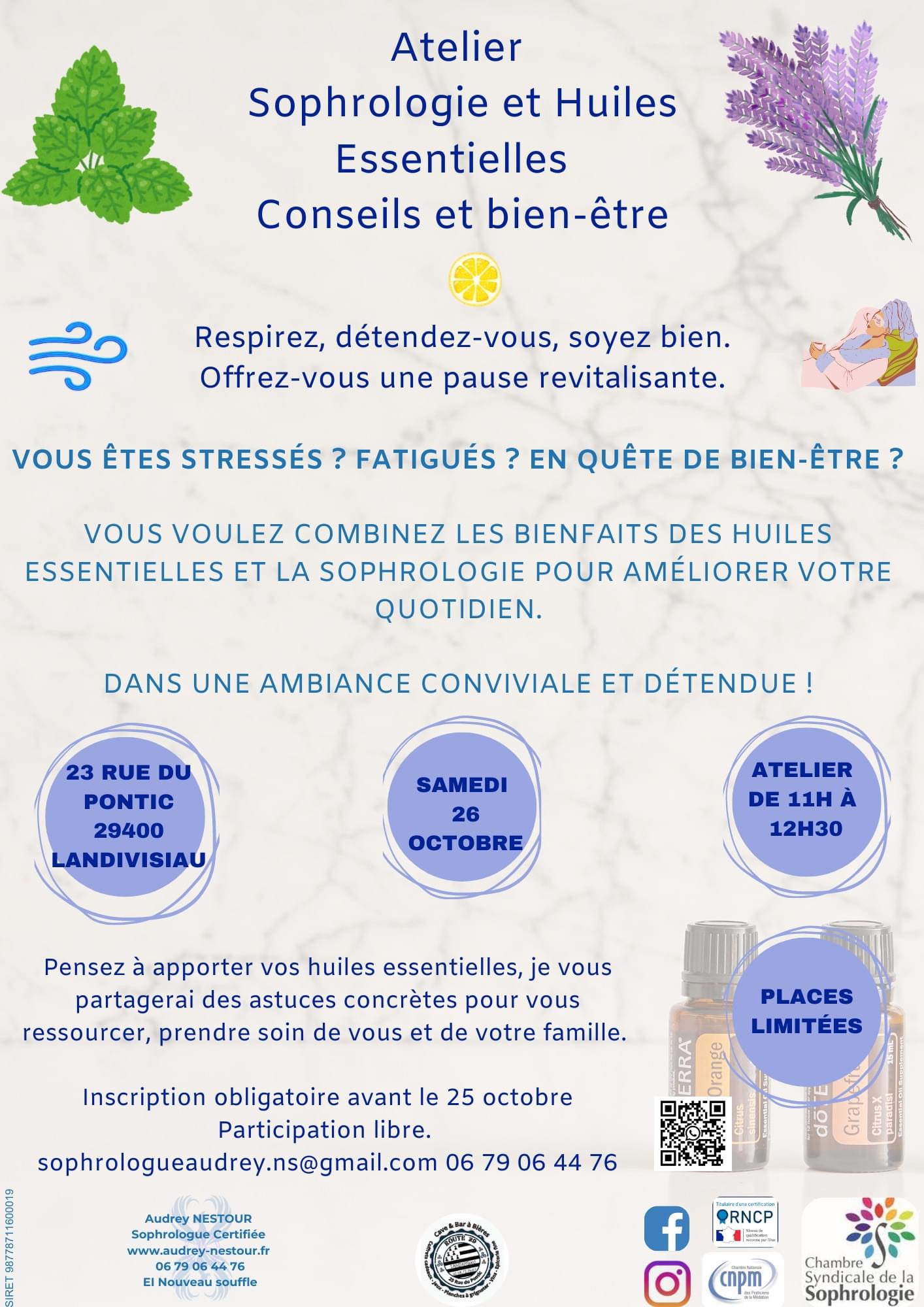 Rejoignez-nous le samedi 26 octobre à Landivisiau pour un atelier unique combinant relaxation et conseils bien-être avec les huiles essentielles. 